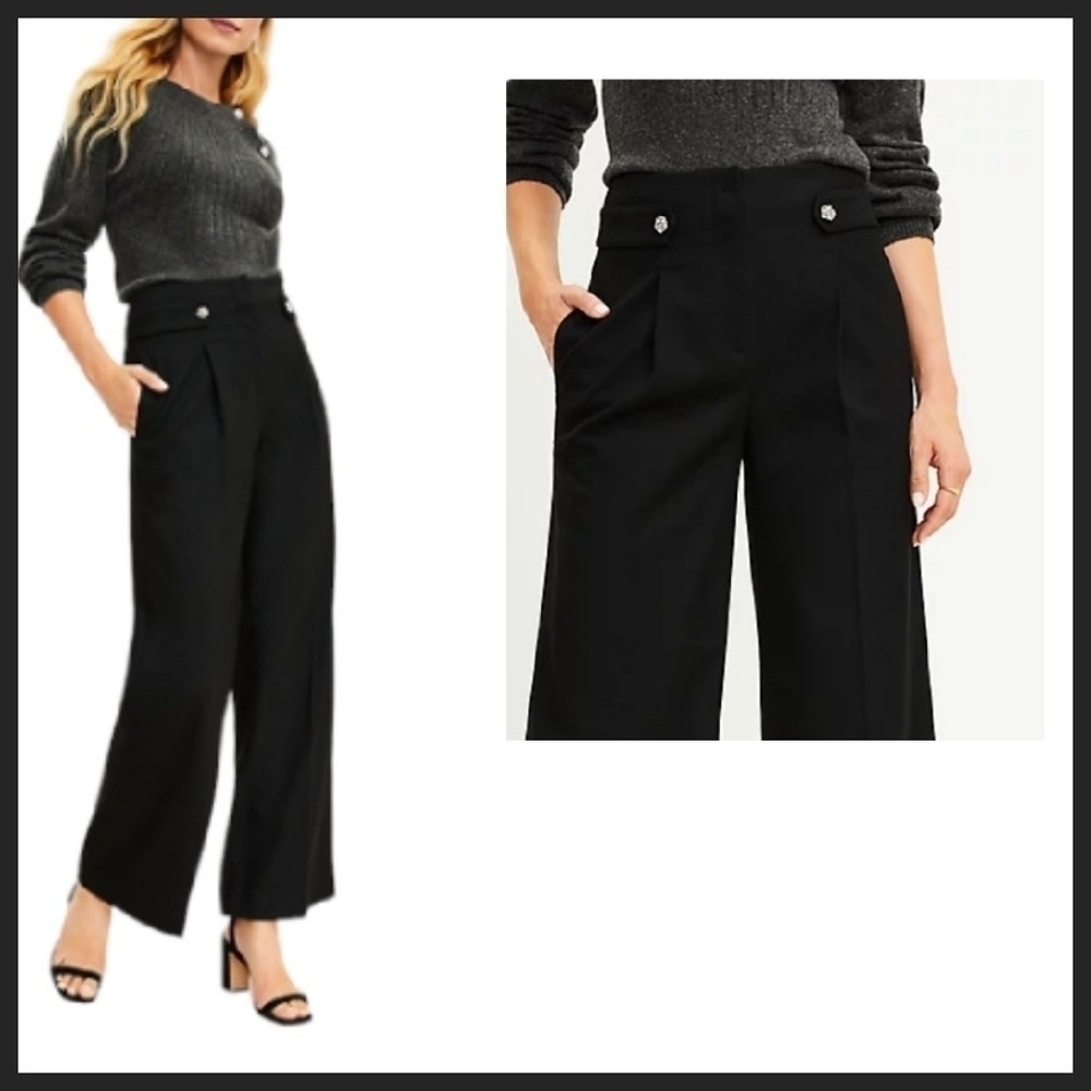 NEW! LOFT Black Gem Stone Button  Tab Waist Single Pleat Trousers 2.